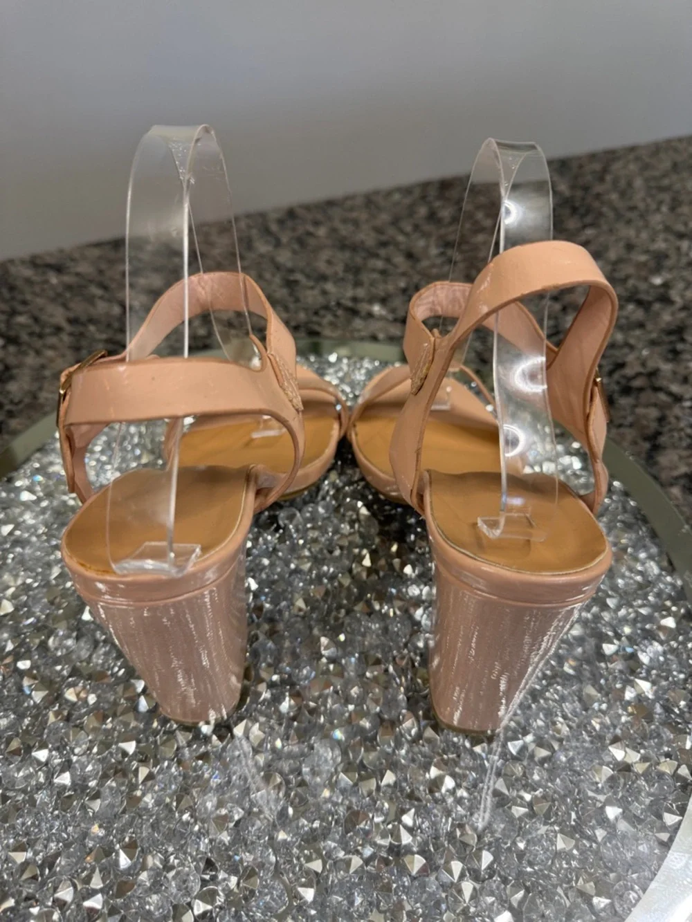 BAMBOO Nude Patent Block Heel Sandals 11
